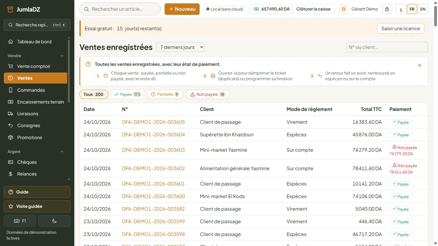 Toutes les ventes, numérotées